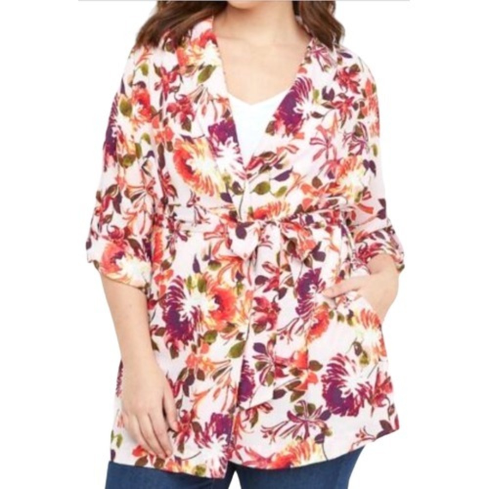 Lane Bryant‎ Pink Floral Crepe Kimono Top 22/24 Plus Belted Spring Boho NWT